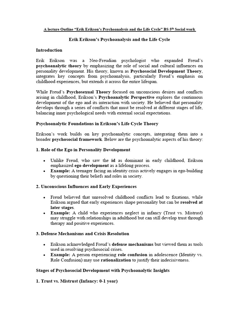 Erik Erikson’s Psychoanalysis and the Life Cycle | PDF | Psychoanalysis ...