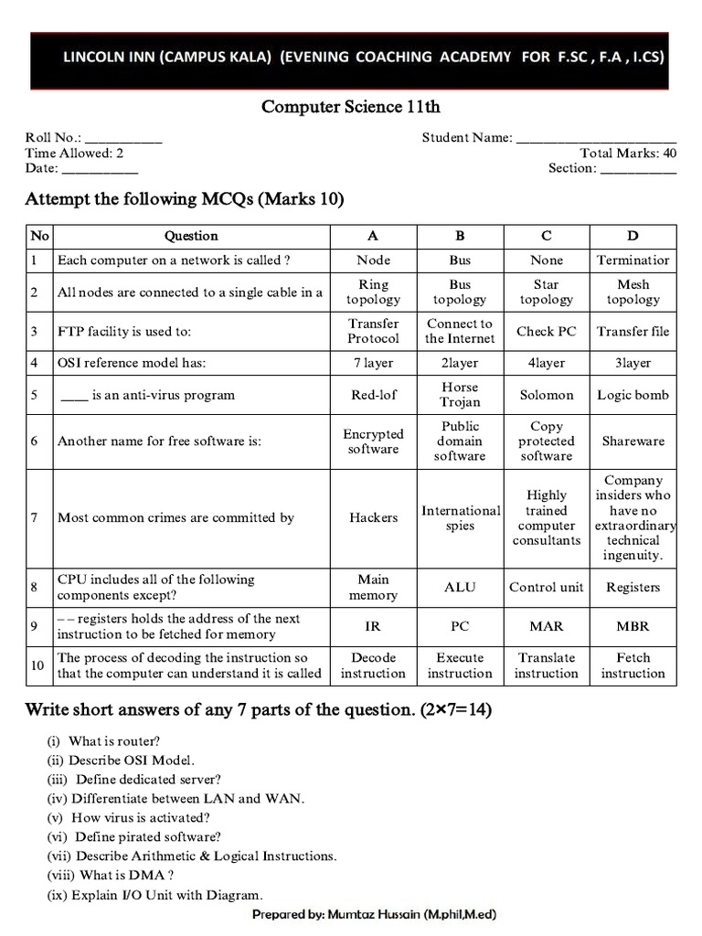 Computer Science MCQ Test Paper | PDF | Network Topology | Computer Network