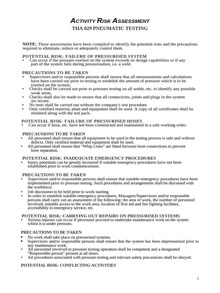 Pneumatic Testing Risk Assessment Guide | PDF | Occupational Safety And ...