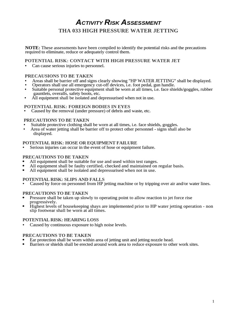 High Pressure Water Jetting Safety Assessment | PDF