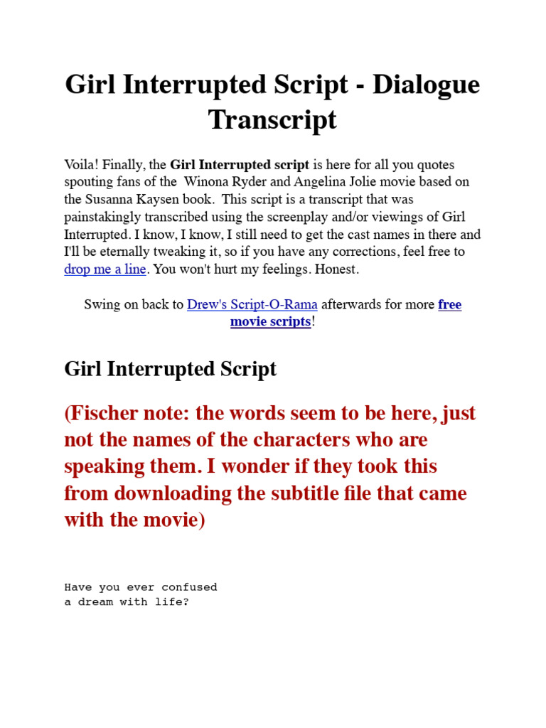 Girl Interrupted Script Transcript | PDF | Aunt Em