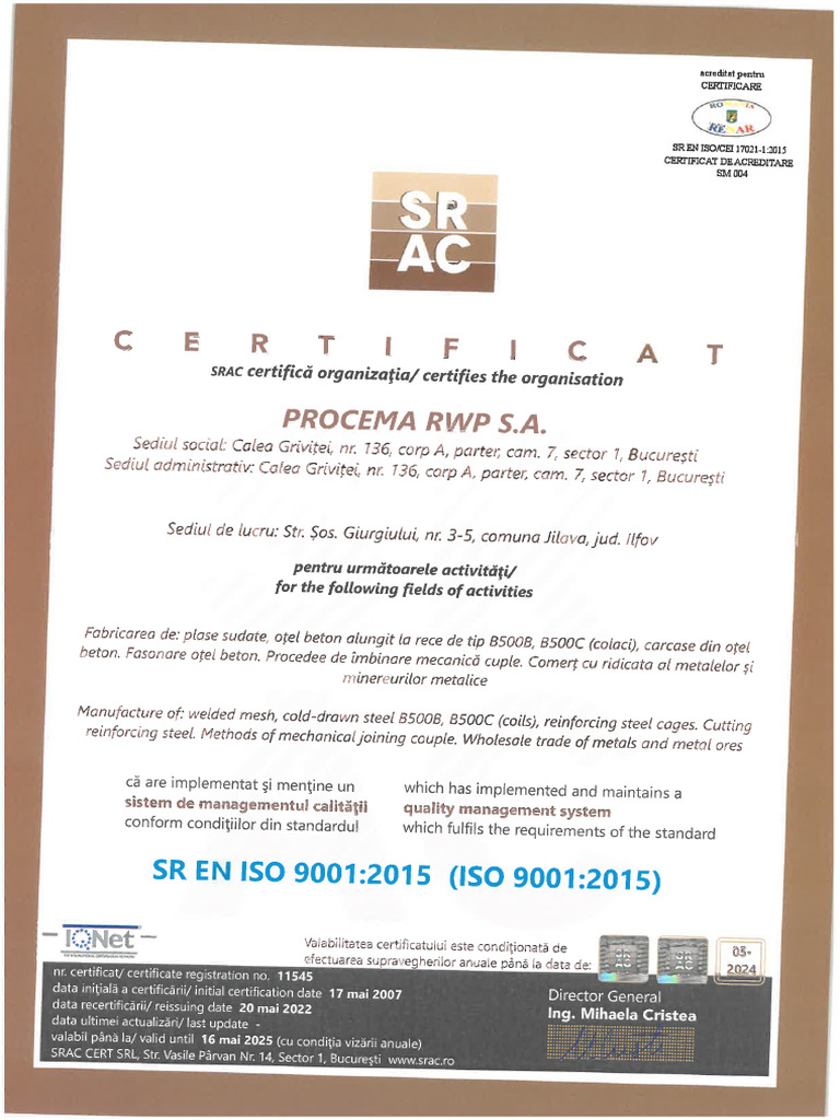 Certificat ISO 9001 PROCEMA RWP. | PDF