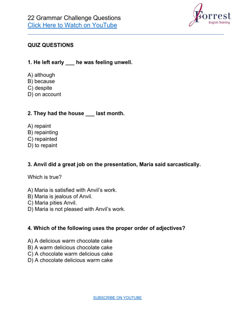 22 Grammar Challenge Questions by JForrest English - Compressed | PDF ...