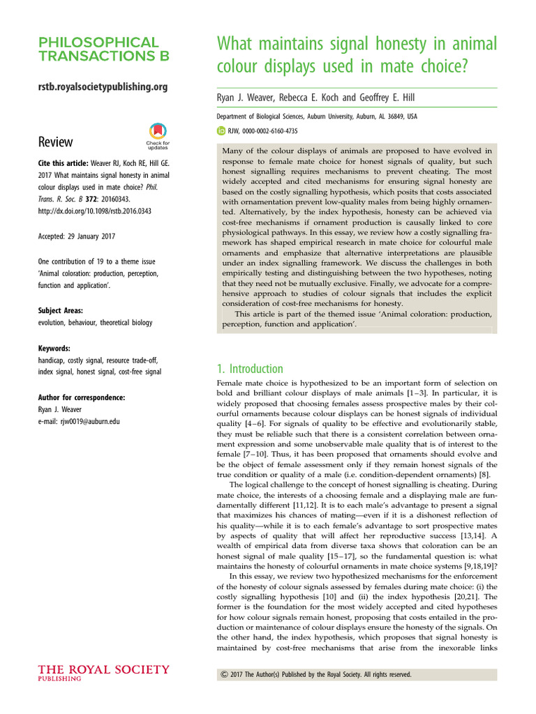 Signal Honesty in Animal Colour Displays in Mate Choice17 PhilTransB ...