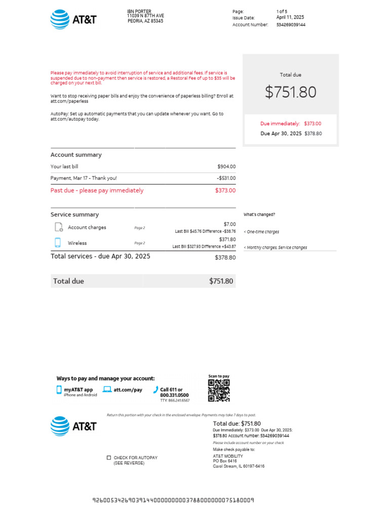 AT&T Bill Summary and Payment Notice | PDF | Fee | Service Industries