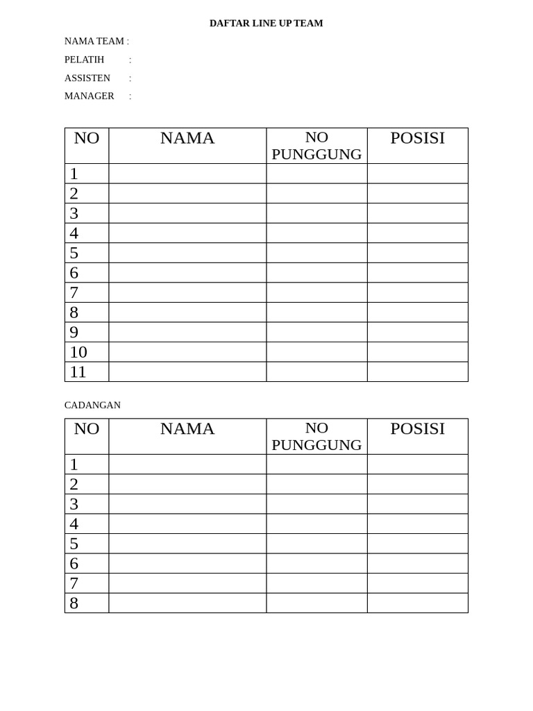 Daftar Line Up Tim Sepak Bola | PDF