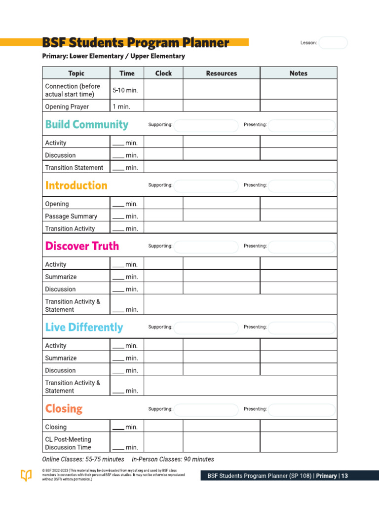 BSF Students Program Planner Primary | PDF