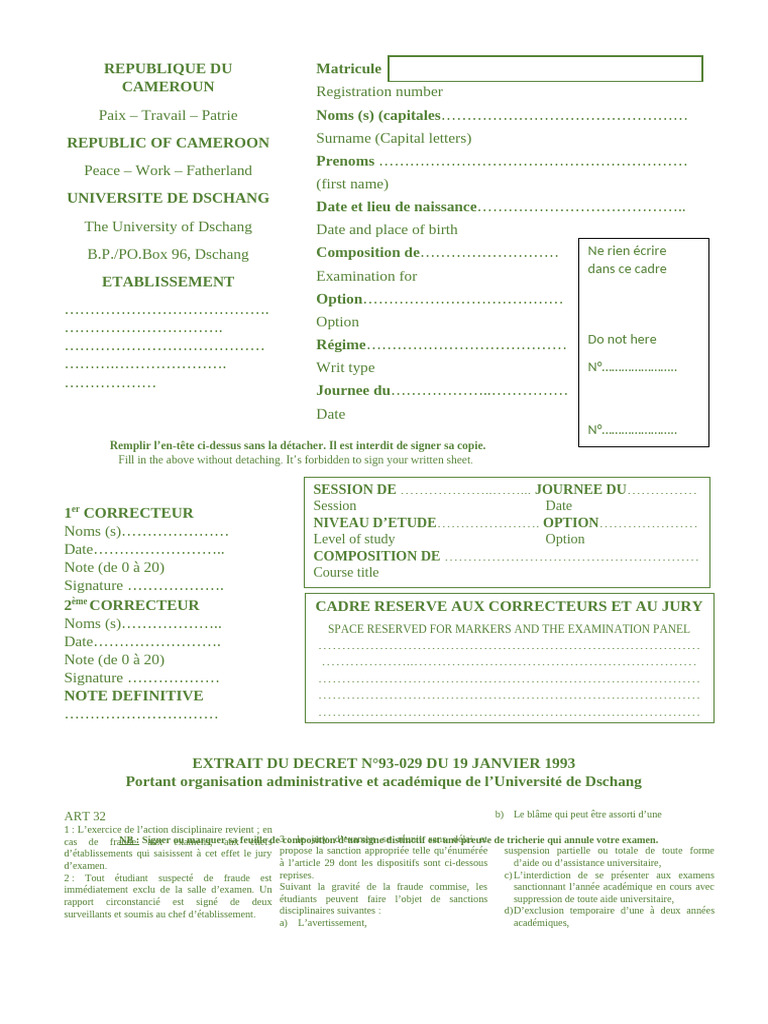 Feuille d'examen vierge à imprimer PDF | PDF