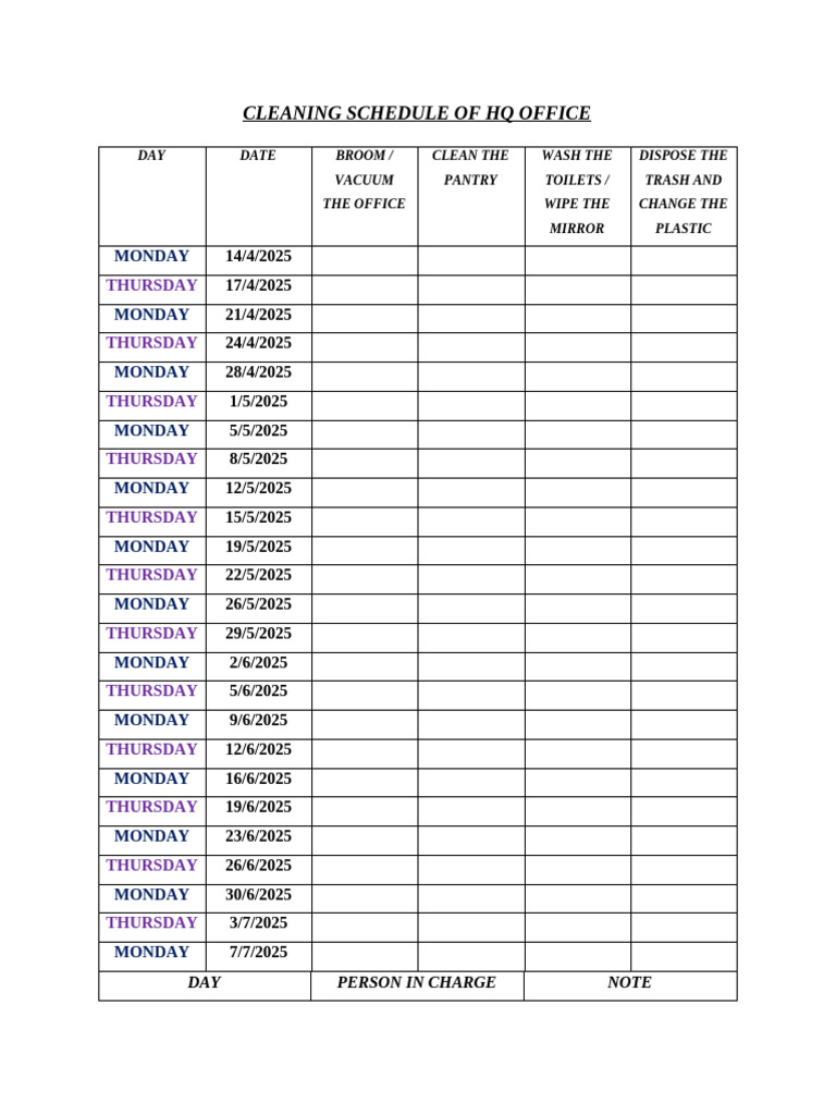 HQ Office Cleaning Schedule | PDF