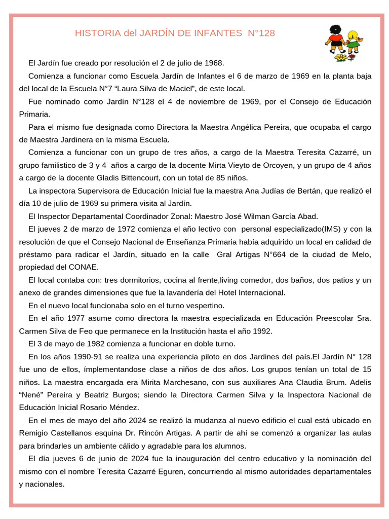 HISTORIA Del JARDÍN DE INFANTES N°128 | PDF | Educación de la primera ...