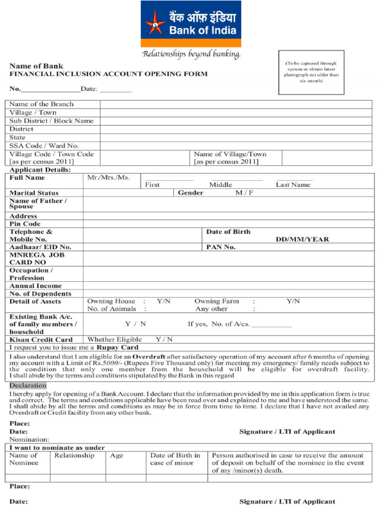 Bank of India Opening Form | PDF