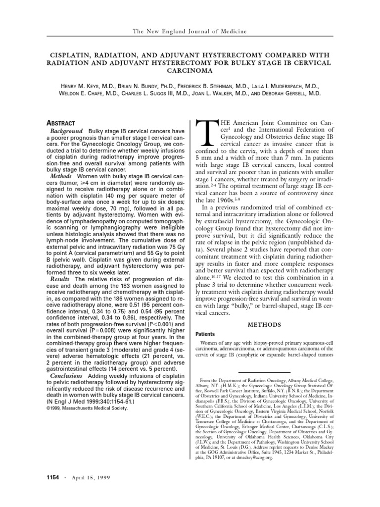 Cisplatin and Radiation for Stage IB Cervical Cancer | PDF | Radiation ...