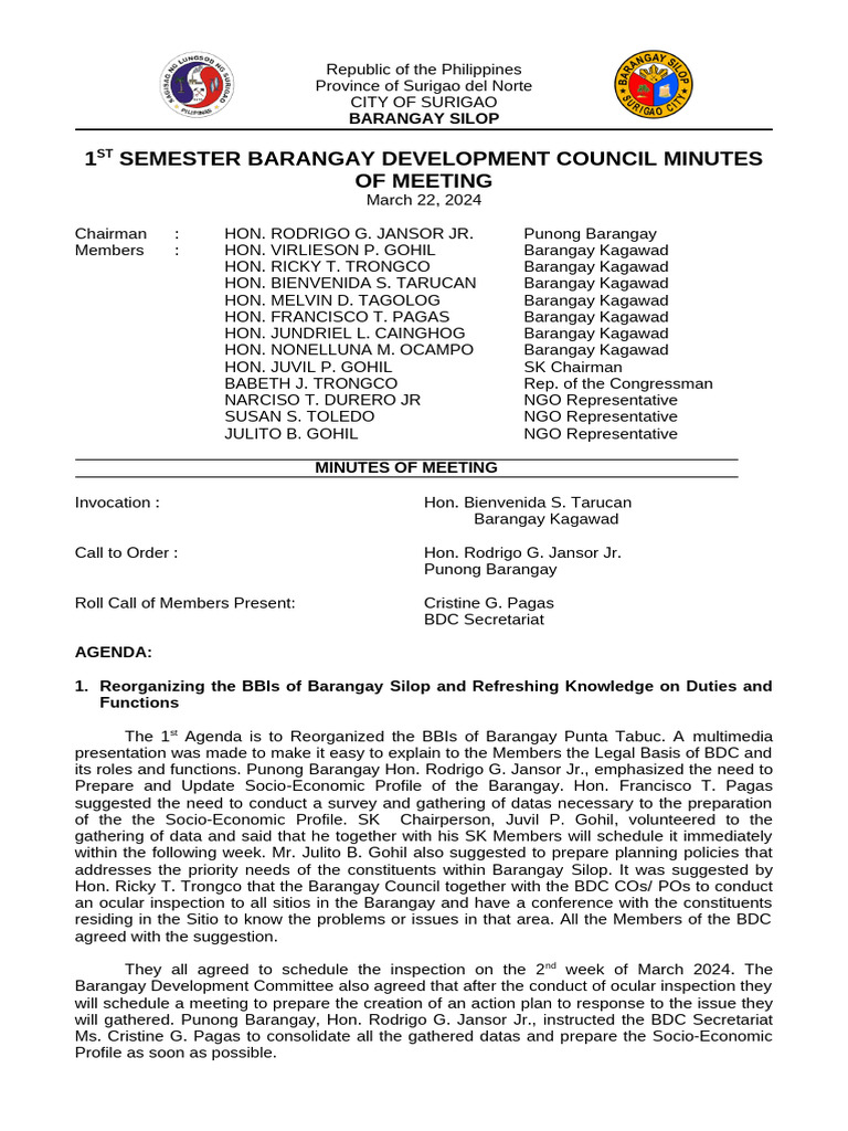 Surigao Silop Barangay Council Meeting Minutes | PDF