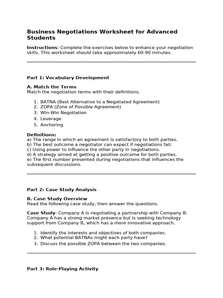 Business Negotiations Worksheet For Advanced Students | PDF ...