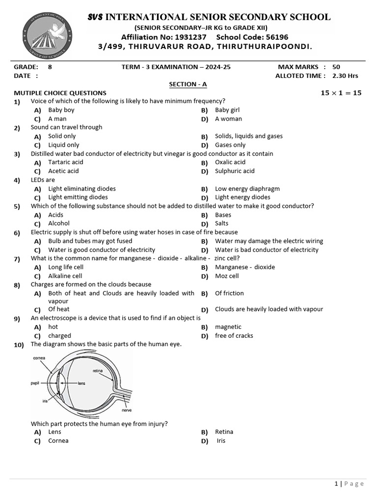 Grade 8 Term 3 Exam Paper 2024 25 Pdf Human Eye Eye