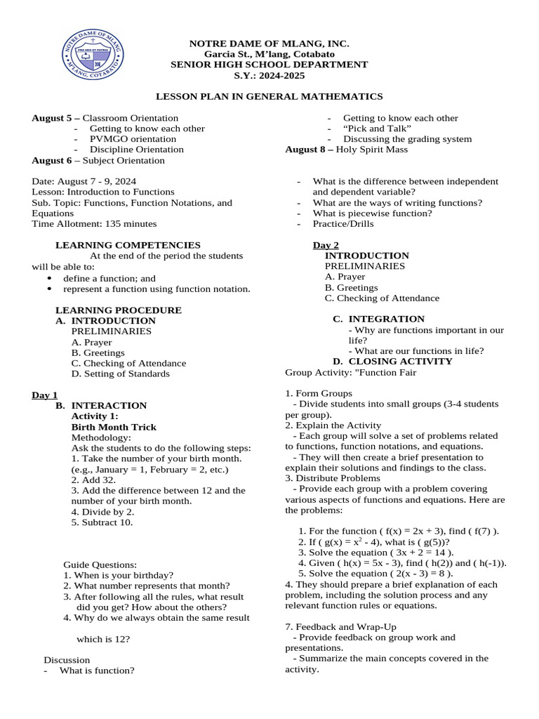 Function Notation Lesson Plan | PDF | Function (Mathematics) | Equations