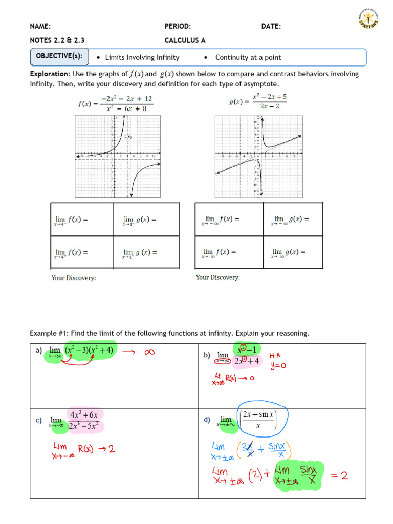 Notes 2.2 & 2.3 Limits Involving Infinity & Continuity KEY | PDF ...