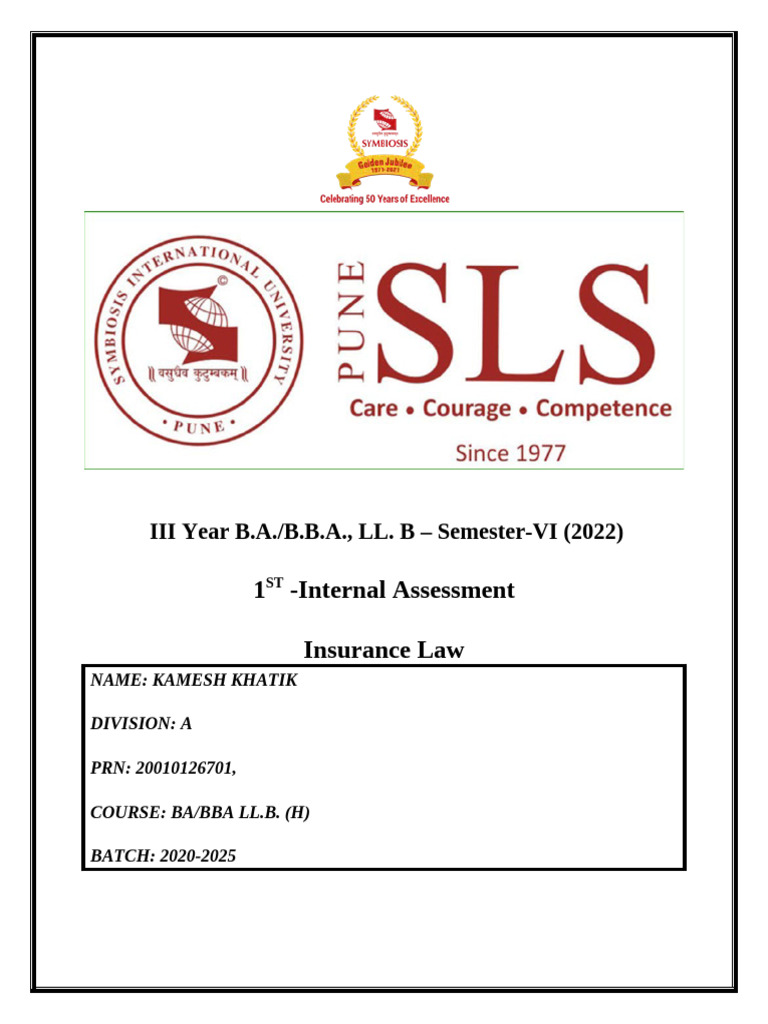 1st Internal Assignment of Insurance Law | PDF | Insurance | Private Law