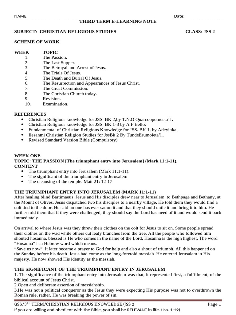JSS 2 CRS Third Term Lesson Notes | PDF | Jesus | Resurrection Of Jesus