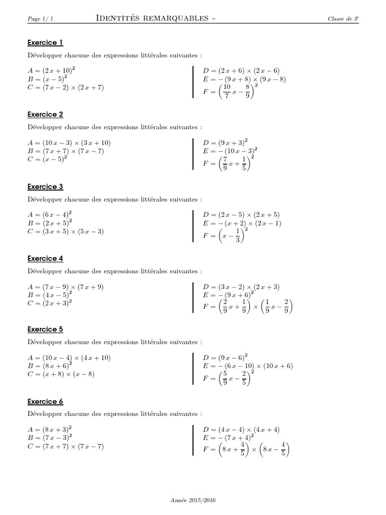 Exercices sur les identités remarquables | PDF | Mathématiques ...
