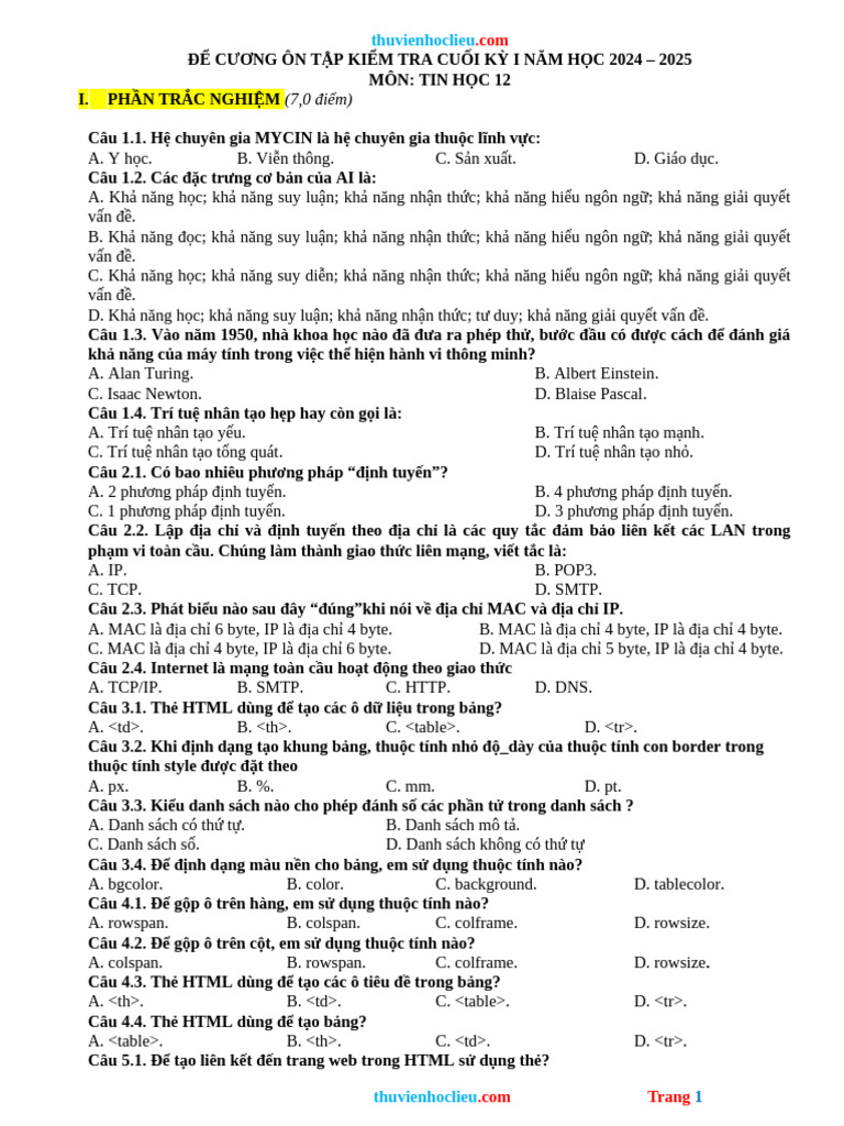 De Cuong On Tap HK1 Tin 12 KNTT | PDF