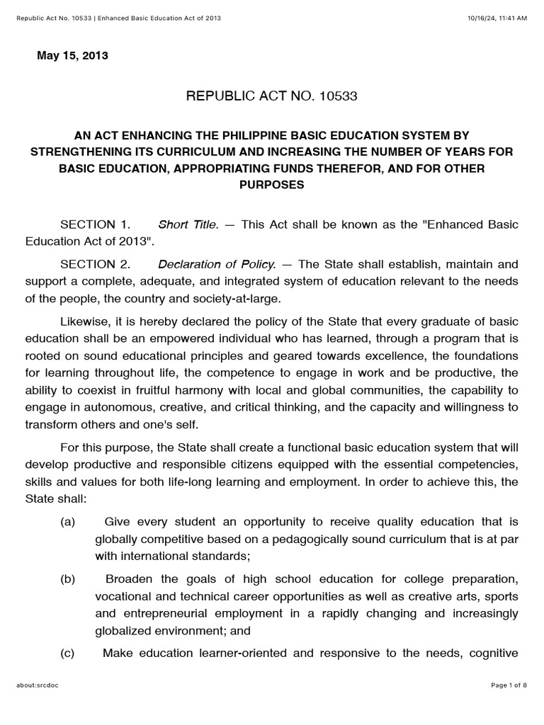 Enhanced Basic Education Act 2013 | PDF | Curriculum | Secondary Education