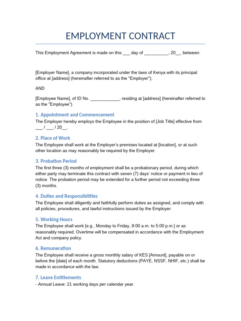 Employment Contract Template Kenya | PDF | Employment | Overtime