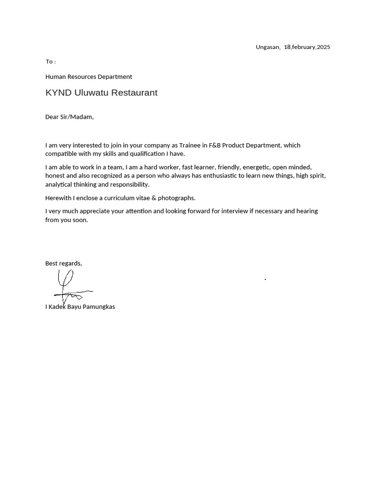 Application for F&B Trainee Position | PDF