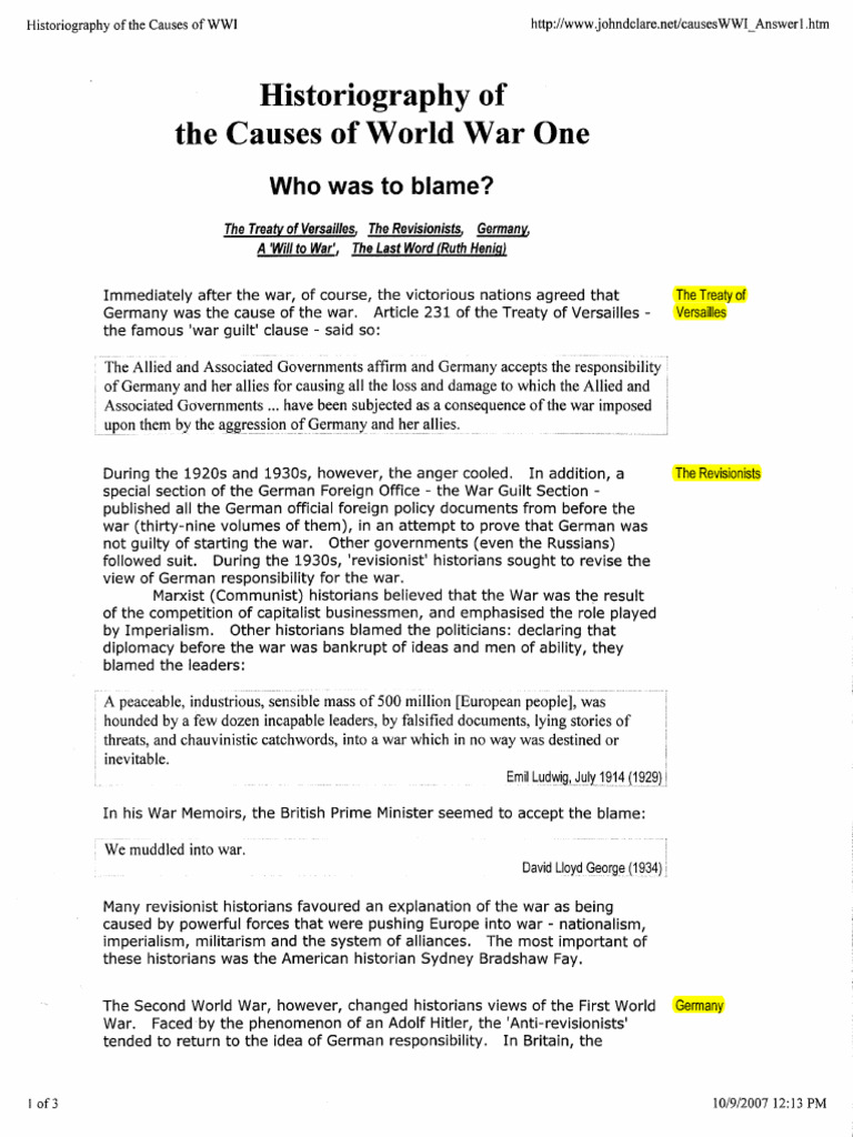 World War I Historiography of The Causes of World War One Toko5r | PDF ...