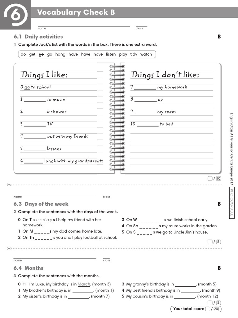 A1 Vocabulary Check for Class 4 | PDF