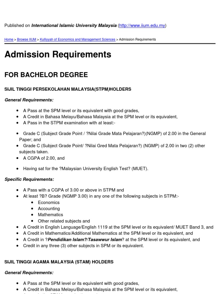 International Islamic University Malaysia Admission Requirements 2010 12 23 Student Assessment And Evaluation Academic Degree