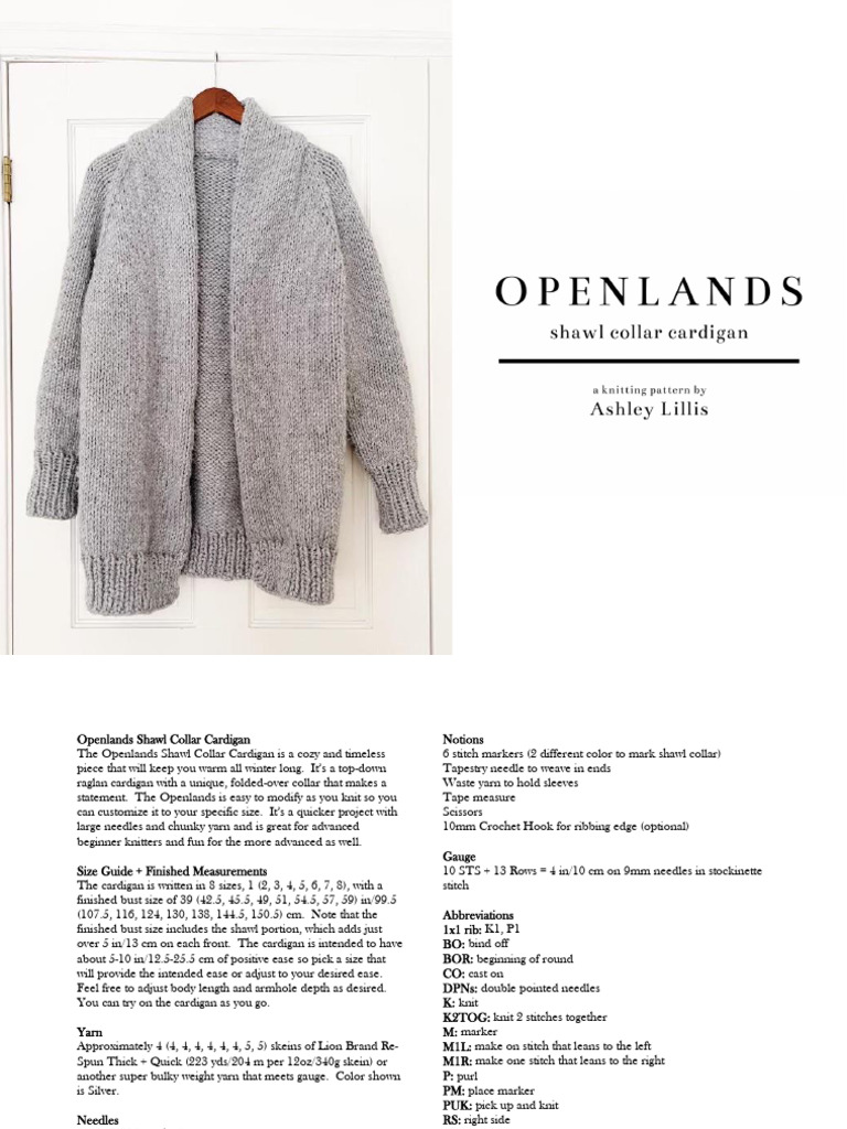 Openlands Shawl Collar Cardigan Pattern | PDF | Knitting | Knitting Needle