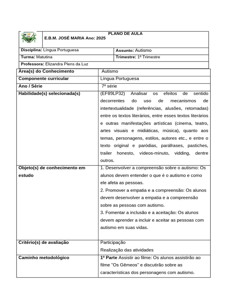 Plano de Aula sobre Autismo na Educação | PDF | Comunicação | Autismo