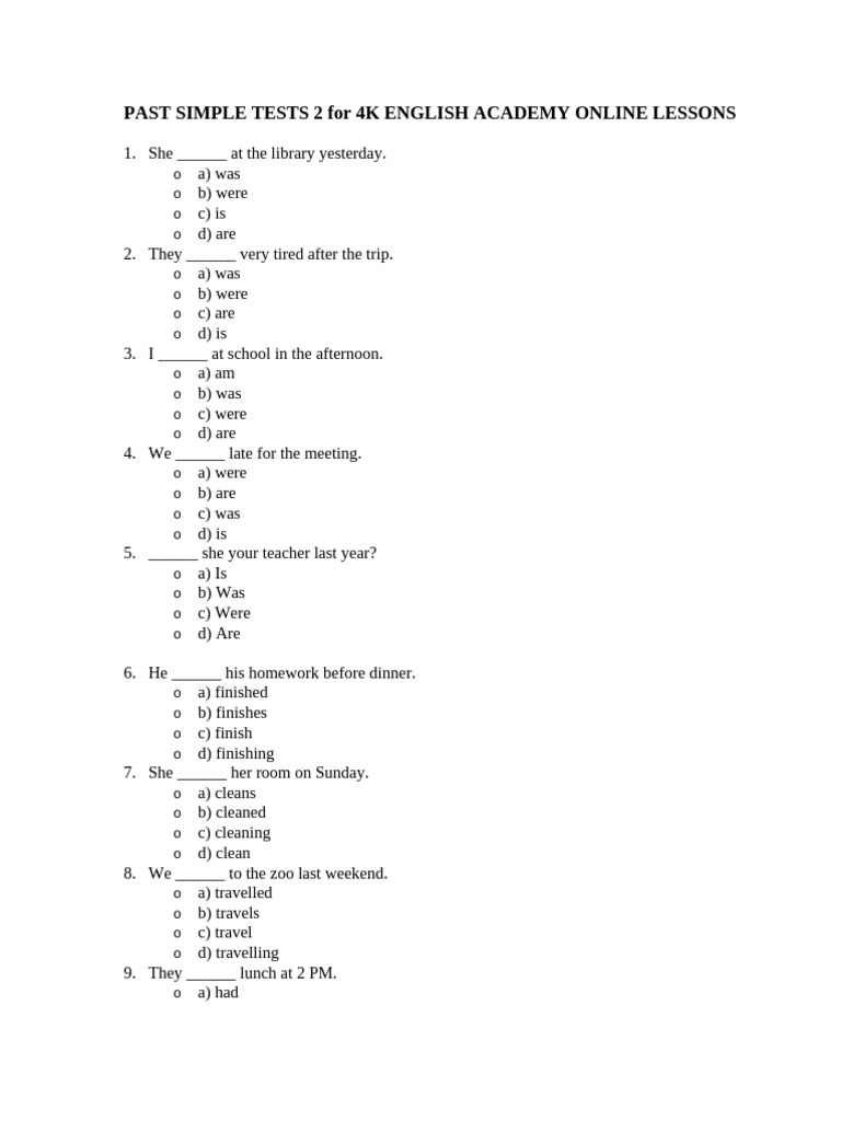 Past Simple Tests 2 For 4k English Academy Online Lessons | PDF