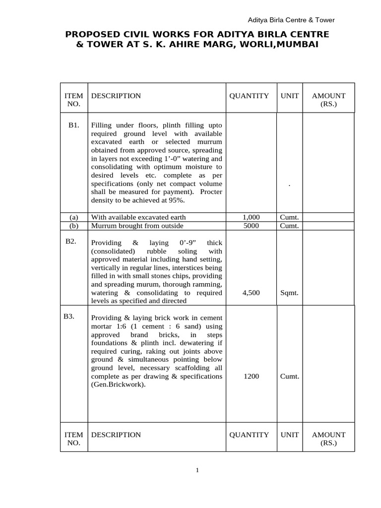 Aditya Birla Centre Civil Works Proposal | PDF | Concrete | Prestressed ...