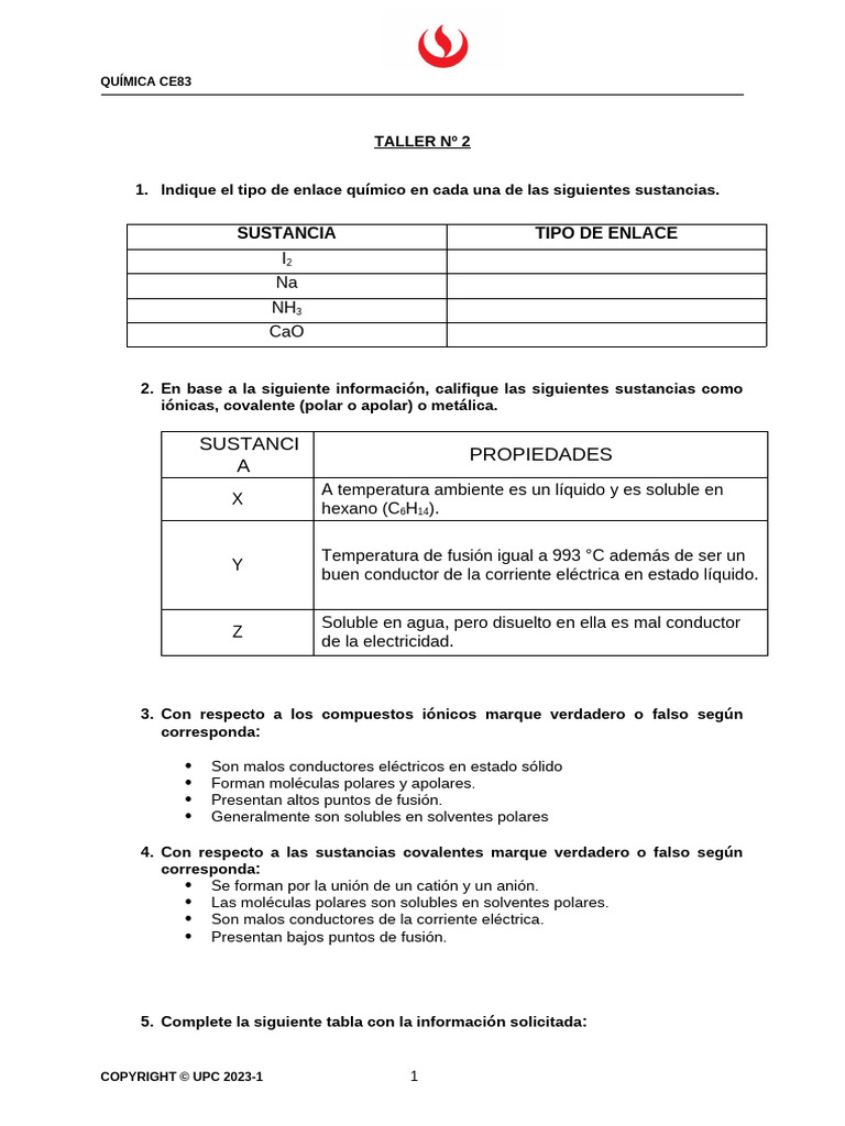 Ce83 Taller 2 Química | PDF | Polaridad química | Enlace químico