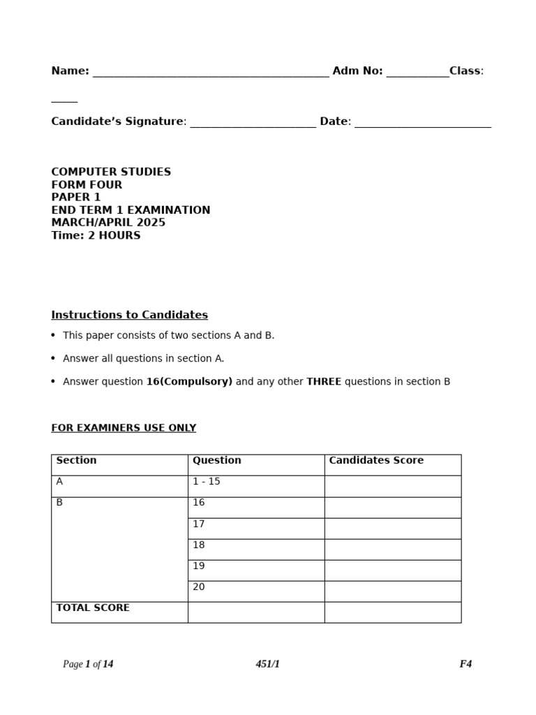Form Four Computer Studies Exam Paper | PDF | Directory (Computing ...