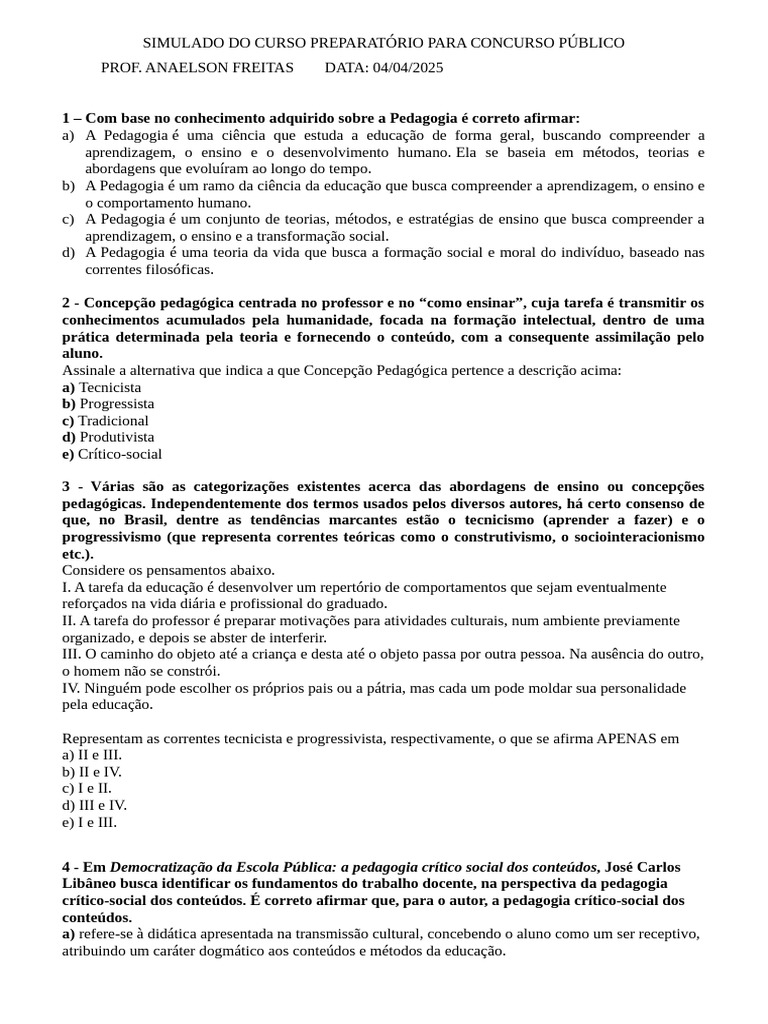 Simulado de Pedagogia para Concursos | PDF | Pedagogia | Aprendizado