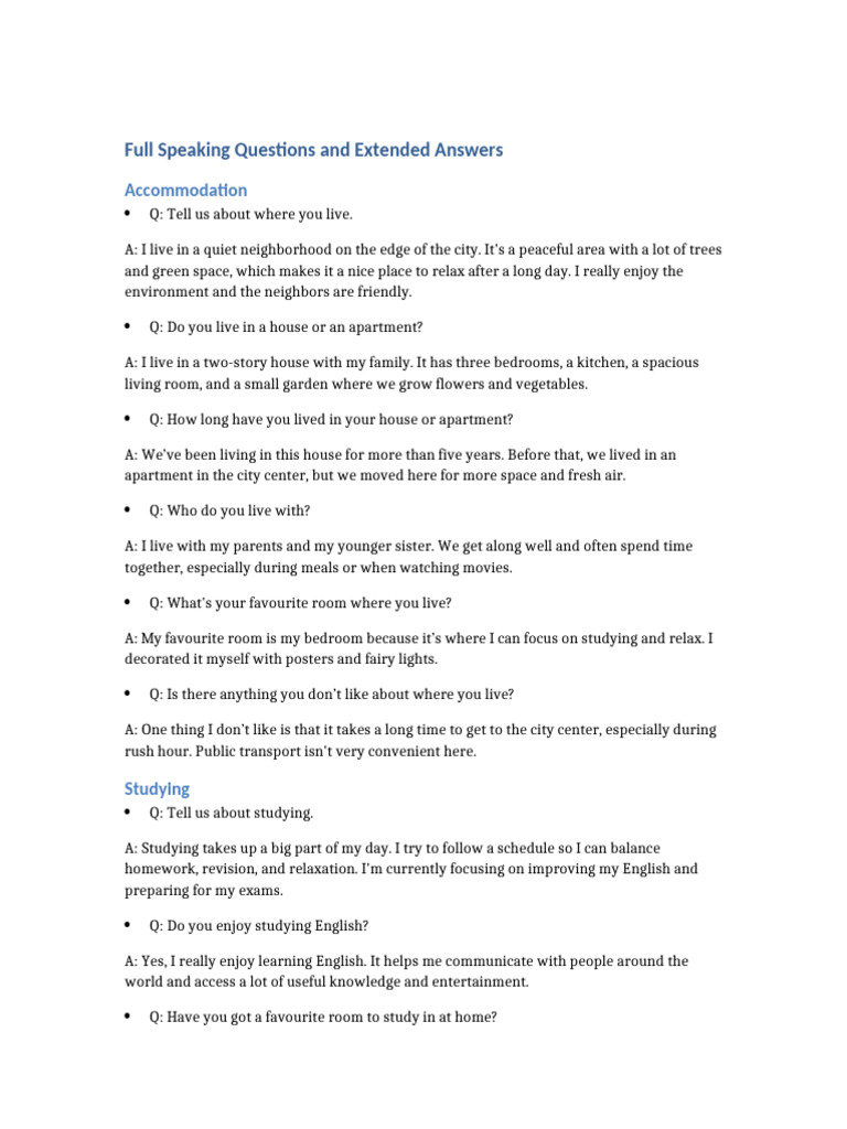Speaking Questions and Answers Guide | PDF | Hobbies