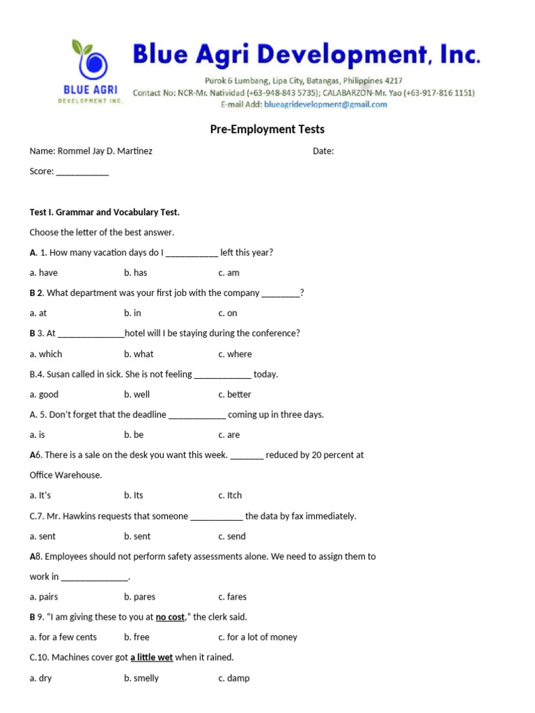 Pre-Employment Grammar and Math Test | PDF | Sick Leave | Business