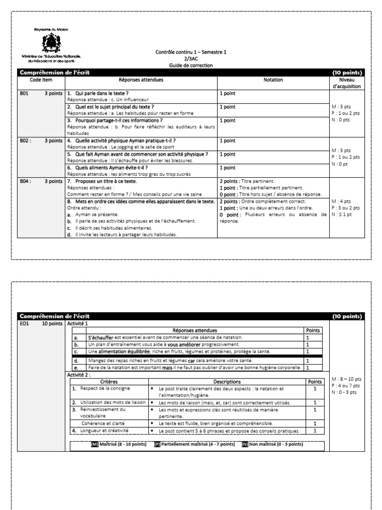 Guide de correction : Compréhension écrite | PDF