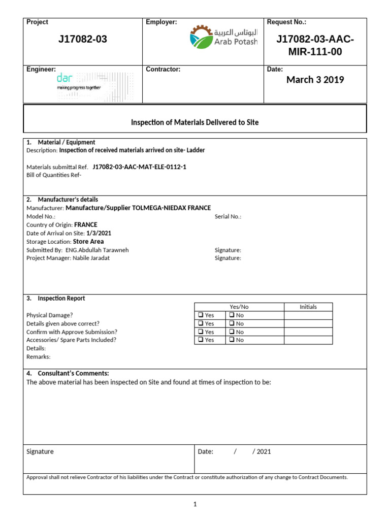 Material Inspection Report for Project J17082-03 | PDF