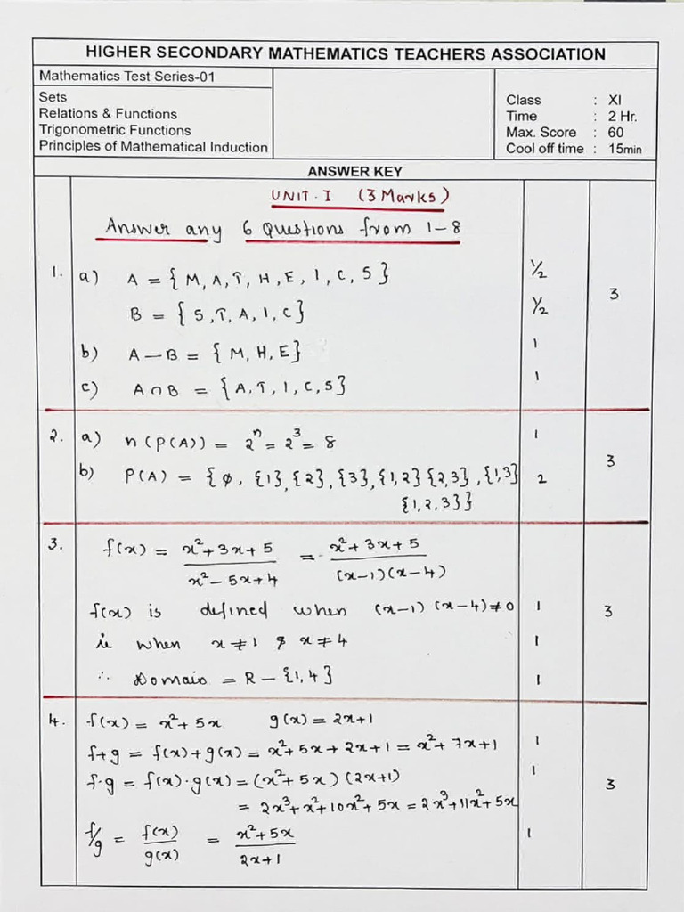 Kerala Plus One Maths Model Question Paper Series I (MAM) - Answer Key ...