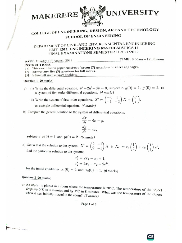 Engineering Maths2 Final Paper 2021 - 2022 | PDF