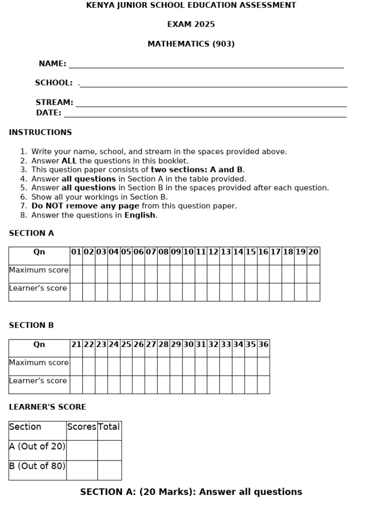 Kenya Junior School Math Exam 2025 | PDF | Area | Mathematics