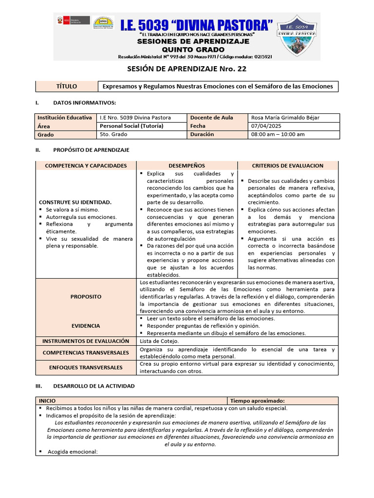 Semáforo de Emociones en Aula 5to Grado | PDF | Las emociones ...