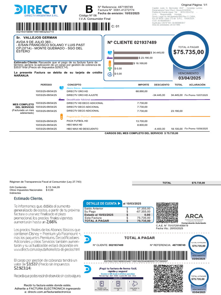 Factura DIRECTV Argentina: $75,735 a Pagar | PDF | Factura | Servicios ...