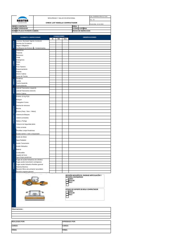 Phrir001-Prh-Clt-014 - Checklist Rodillo Compactador | PDF | Vehículos ...