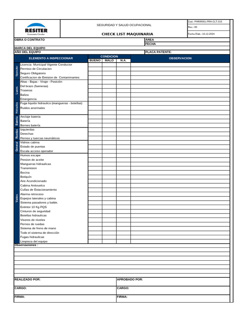 PHRIR001-PRH-CLT-015_CHECKLIST MAQUINARIA | PDF | Tecnologías ...