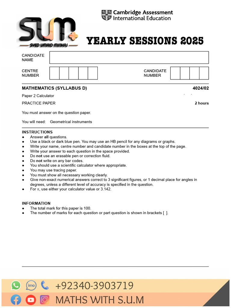 Cambridge O Level Maths Practice Paper 2025 | PDF | Area | Slope